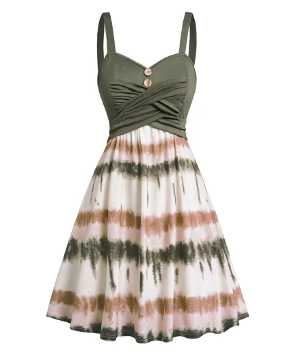 Plus Size Women's Tie Dye Print Dress Mock Button Crossover High Waisted Sleeveless A Line Mini Dress Summer Dresses