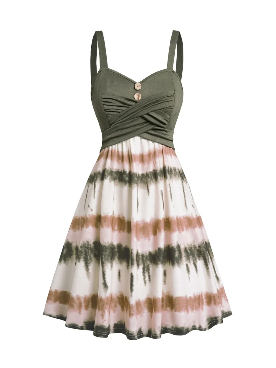 Plus Size Women's Tie Dye Print Dress Mock Button Crossover High Waisted Sleeveless A Line Mini Dress Summer Dresses