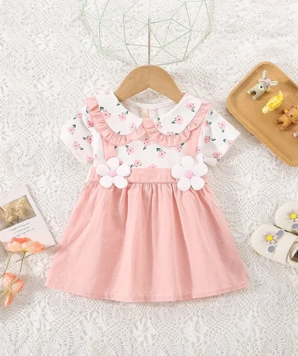 (0-3 Years Old) Summer Baby Girl Cotton Flower Fake Two-Piece Shoulder Strap Dress Girl Cute Short Sleeved Dress