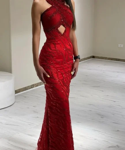 Oisslec Sexy Halter Red Mermaid Prom Dresses Long Sleeves Evening Dresses Beads Sequins Zipper Women Formal Party Dresses