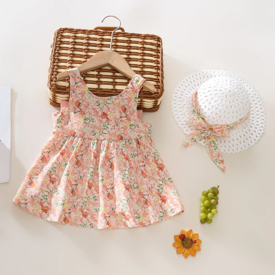 Summer 2-Piece Baby Dress+Sun Hat Bow Strap Floral Baby Girl Dress Soft And Comfortable Children'S Clothing - Image 4