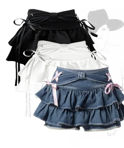 New Fashion Women Hot Girl Sweet Kawaii Bow Vintage Y2k Clothes American Streetwear Sexy Summer A-line Gothic Mini Denim Skirts