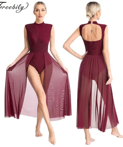 Women Modern Lyrical Dance Dress Sleeveless Floral Lace Mesh Leotard Dancewear Ballet Gymnastics Skating Performance Costume