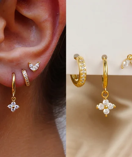 3PCS Exquisite Green Zircon Hanging Earrings Set for Women Stainless Steel Flower Dangle Earring Cartilage Piercing Jewelry