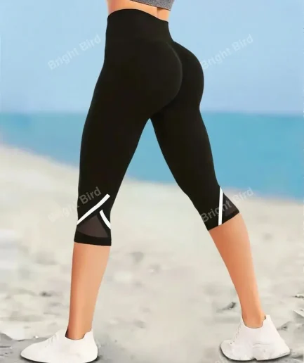 Mesh High Waist Yoga Pants Capri Leggings For Women, Tummy Control Workout Capri Leggings, Women's Activewear