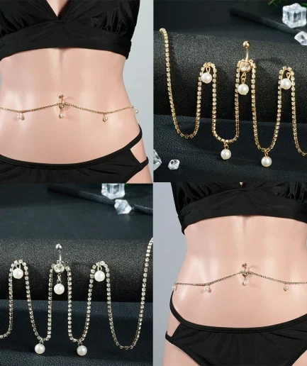 Waist Chain With Belly Button Rings For Women Waist Adjustable Beads Chain, Pearl CZ Stainless Steel Bikini Beach Body Jewelry