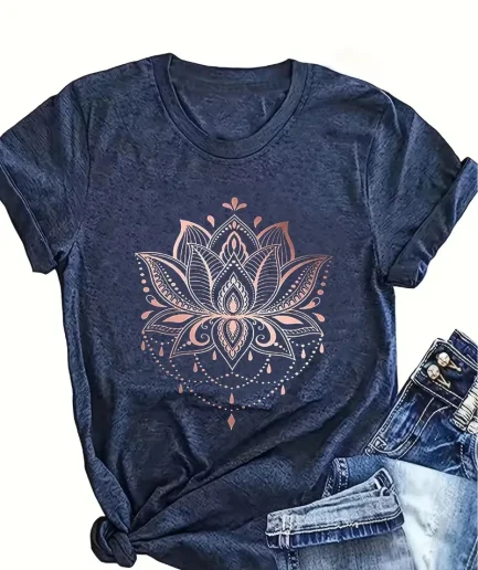 Plus Size Lotus Print T-shirt, Casual Short Sleeve Crew Neck Top For Spring & Summer, Women's Plus Size Clothing