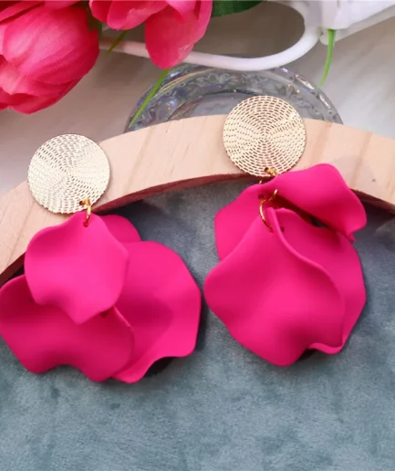 Korean Flower Drop Earrings for Women Rose Pink Color Vintage Petal Long Hanging Earrings Monther Gifts Accessories 2023