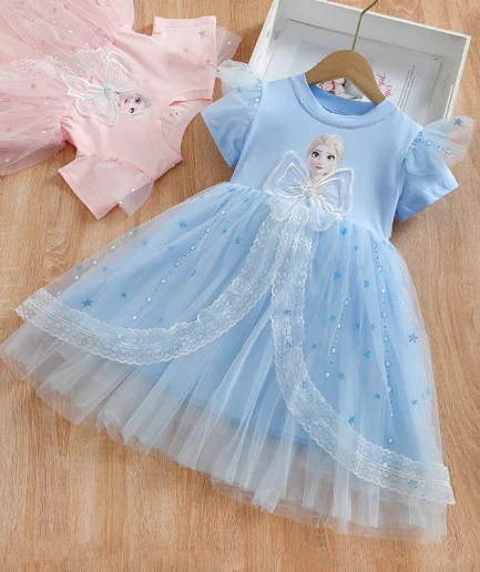 New Disney Girls Dress Short Sleeve Summer Princess Dresses Frozen Elsa Party Baby Dresses for Children Clothing Kids Clothes