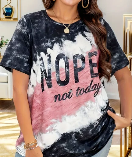 Plus Size Letter Print Top Colorblock Crew Neck Short Sleeve, O Neck, Leisure Time Ladies Tshirt Tops, Summer, 2024