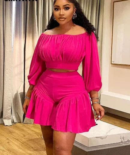 CM.YAYA Plus Size Women's Set Long Sleeve Slash Neck T-Shirt and Shorts 2025 Summer Ruched Two 2 Piece Set Outfits Tracksuit