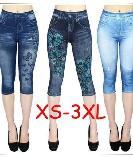 Women Print Imitation Denim Leggings Skinny Stretchy Cropped Pants Outdoor Jogging Walking Fashion High Waist Leggings