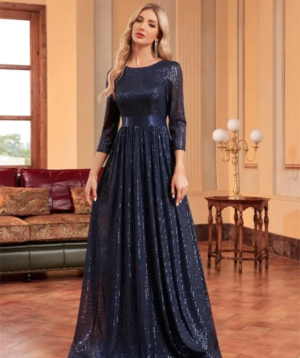 Luxury O-Neck Long Sleeves Sequins Formal Evening Dress Women 2025 Wedding Party Prom Maxi Cocktail Dresses Graduation Vestidos