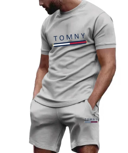 Outdoor Trendy Men's Suit Simple Letter Rose Patchwork Color Round Neck Short Sleeve Shorts Comfortable and breathable material