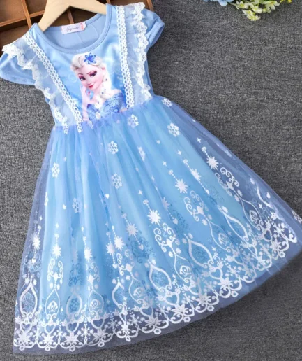 Girls Summer Flying Sleeve Dress Frozen Elsa Princess Party Kids Clothing Baby Dresses Children's Fashion