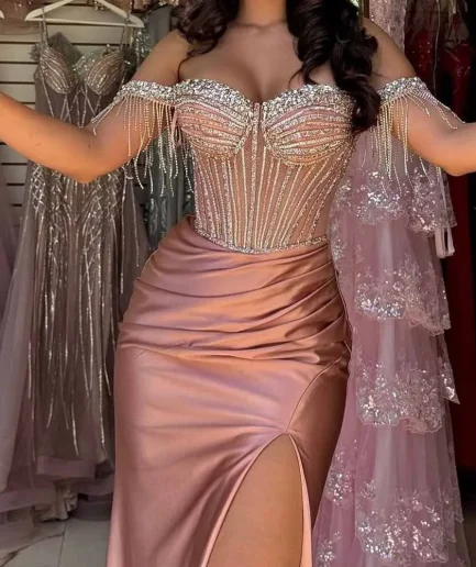 Luxurious Women's Evening Dresses 2025 Stretch Fabric Sheath Celebrity Dress Rose Pink Off-the-shoulder Crystals Prom Gown Long