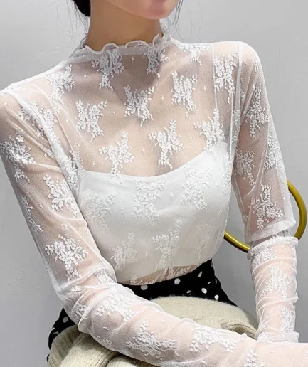 Sexy Black Hollow Out Mesh T-Shirt Transparent Mesh female Tops Long sleeve Basic Shirts SeeThrough Turtleneck Women Tshirts