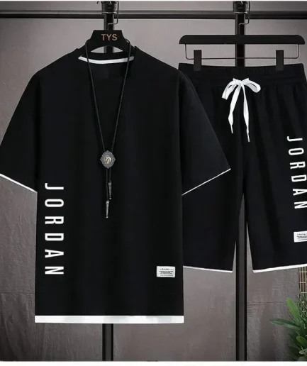 2025 Elegant casual T-shirt and shorts set for men's sports suit loose and comfortable summer waffle set for men