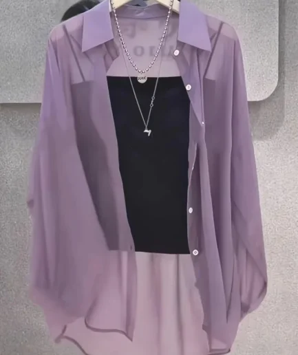 Plus Size Women’s Shirts 2025 Summer Breathable and Sun-Proof Ice Silk with Button Thin Loose Sheer Chiffon Blouses Long Sleeve