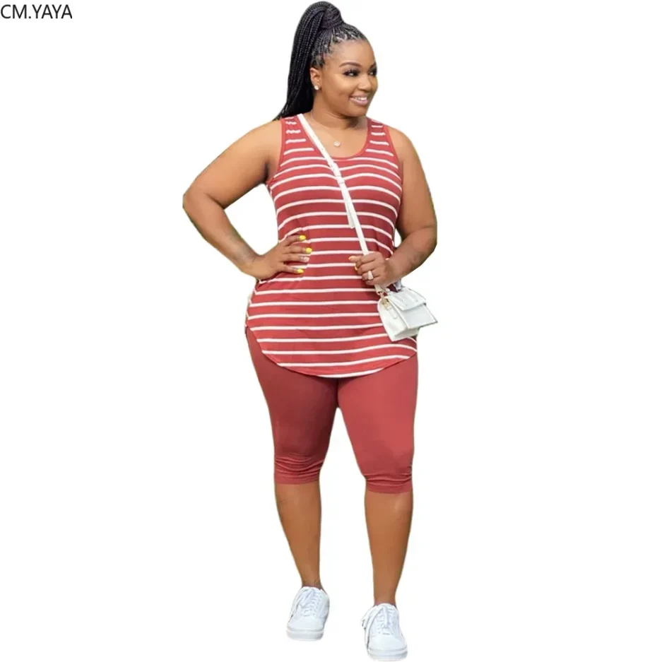 CM.YAYA Women Plus Size XL-5XL Sport two piece set Tracksuit Striped Tank Tops Knee Length jogger Suit Sweatpants Matching Set - Image 4