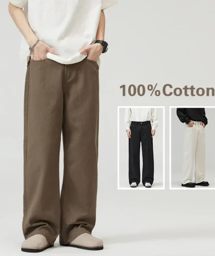 100％ Cotton Men's Baggy Straight Jeans Comfortable Soft Casual Pants Fashion Korean White Brown Denim Trousers Male Clothing