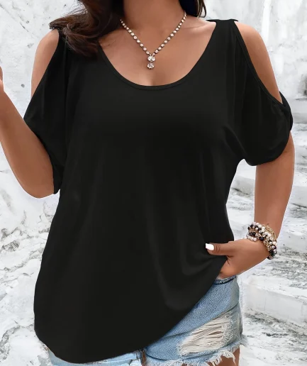 Plus Size Cold Shoulder T-Shirt for Women Casual Loose Fit Summer Top with Trendy Cutouts