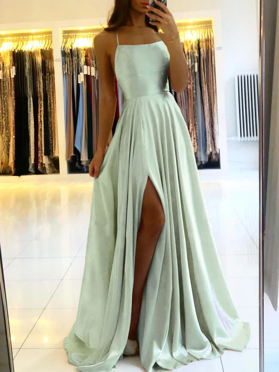 2024 Simple Spaghetti Straps Sexy Slit Ladies Blue A-line Long Satin Evening Dresses For Women Wedding Prom Party Gowns Vestidos - Image 2