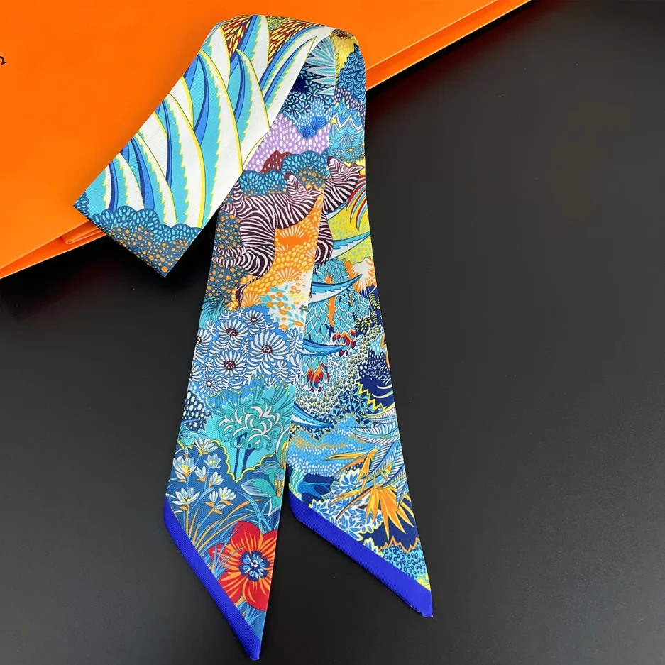 2024 Brand Design Zebra In Flowers Women Scarf Luxury Silk Scarf Fashion Hair Headband Foulard Skinny Bag Scarves Neckerchief - Image 5