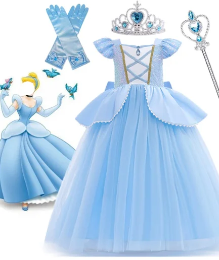 Cinderella Cosplay Costume Kids Clothes for Girls Sequins Princess Dress with Crown Gloves Birthday Party Ball Gown 3-10 Years