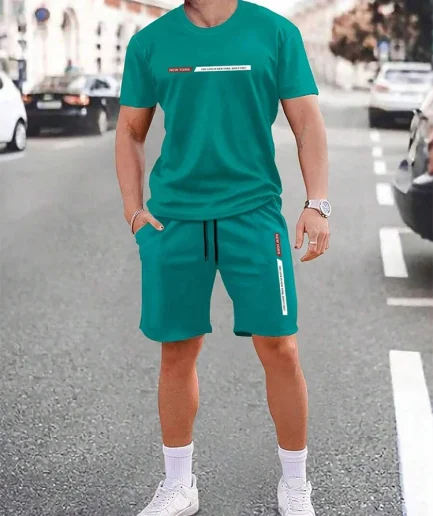 Urban street fashion trend men's crew neck short sleeve suit outdoor simple crew neck top casual and comfortable shorts