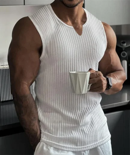2024 Summer new men V-neck Vest stripe gym Tank top Men Fitness sleeveless shirt Sports Undershirt Gyms clothing Training vest