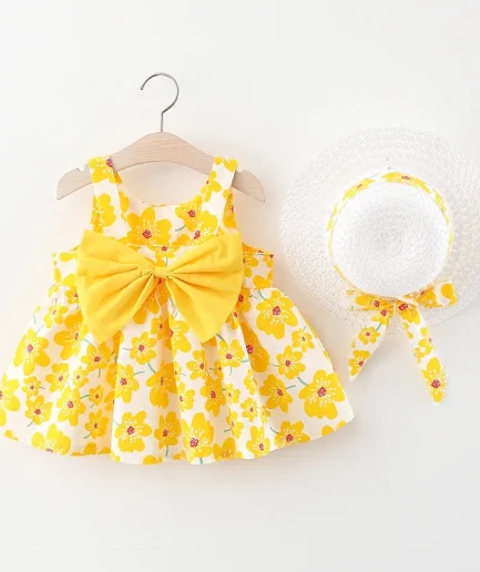 New Summer Girl Dress Sweet Sleeveless Small Flower Print Big Bow Cotton Cloth Dress Set of 2 Suitable for 0-3 Years Old