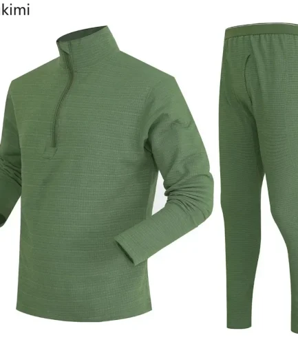Autumn Winter Men's Outdoor Tactical Warm Underwear Two Pieces Men Solid Half Zip Stand Collar Tops Pants Shake Fleece Male Sets