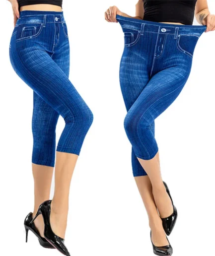 Women Denim Print Leggings Fashion Slim Leggings Faux Jeans Leggings Stretch Printed Short /Long Leggins Pants Summer Breeches