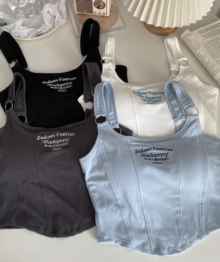 Women Embroid Letter Tank Tops With Bra Pad Casual Camis Y2K Crop Tops For Women Shoulder Belt Iron Ring Tank Tops