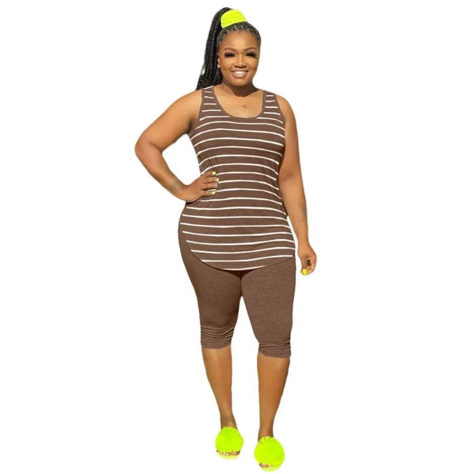 CM.YAYA Women Plus Size XL-5XL Sport two piece set Tracksuit Striped Tank Tops Knee Length jogger Suit Sweatpants Matching Set - Image 6