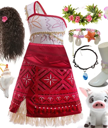 Disney New Summer Movie Hot Moana 2 Short-sleeved Clothes Girl Cosplay Moana Princess One-Shoulder Suspender Dress + Wig Set