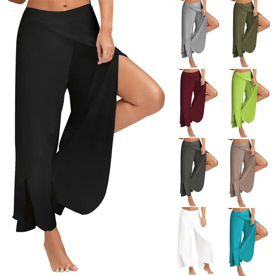 High Slit Haren Pants Breathable Women Sporting Yoga Pants Solid Color Loose Hippie Harem Wide Leg Pants Trousers Modern Dancing - Image 2
