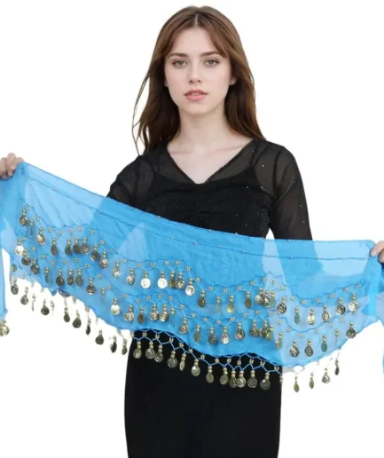 1PC Indian Dance Dress Waist Chain Belt for Women Belly Dance Chiffon Gold Coin Hip Scarf Performance Practice Accessories