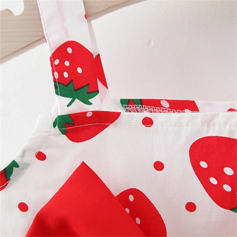 Summer Baby Girl's Dress Small Round Dot Strawberry Print Chest Bow Daily Casual Dress with Hat - Image 4