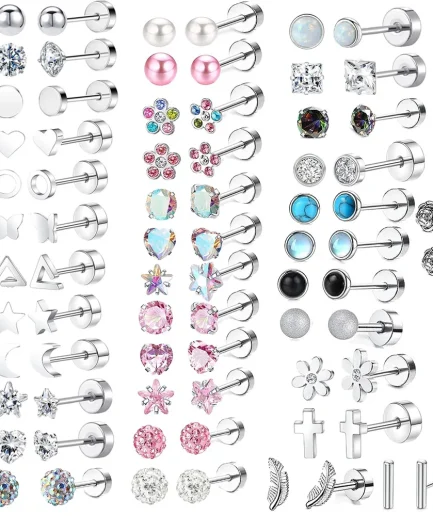 2PCS/Set Stainless Steel Heart Moon Earbone Stud Screw Ball Stud Earrings for Women Fashion Ear Tragus Cartilage Body Piercing