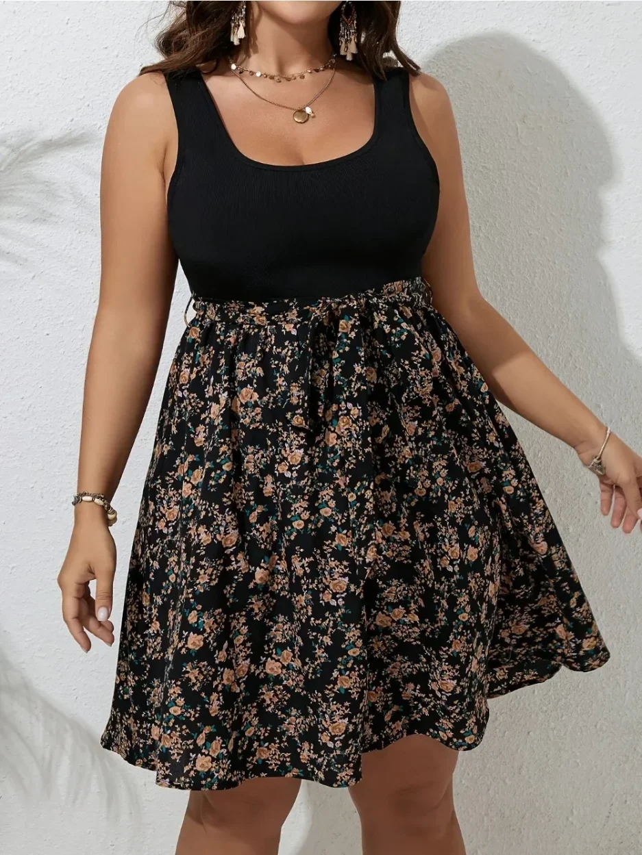 Plus Size Summer Dress Knit Floral Printed Dresses for Women Sleeveless Knee Length Big Size Tummy Control Casual Elegant Dress - Image 5