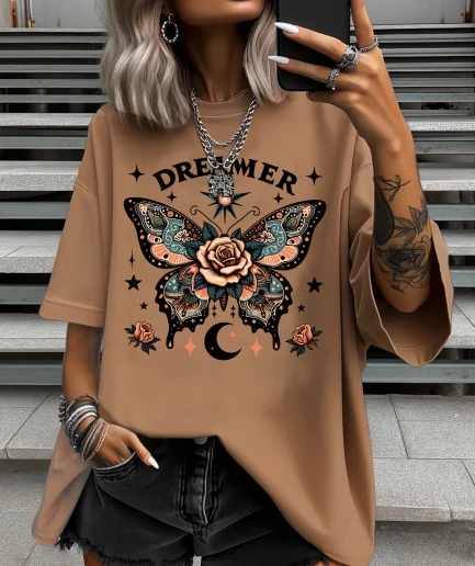 Summer Plus Size Fashion Women's T-Shirt Original Design Butterfly Pattern Printed Women's Casual Round Neck Short Sleeved Tops