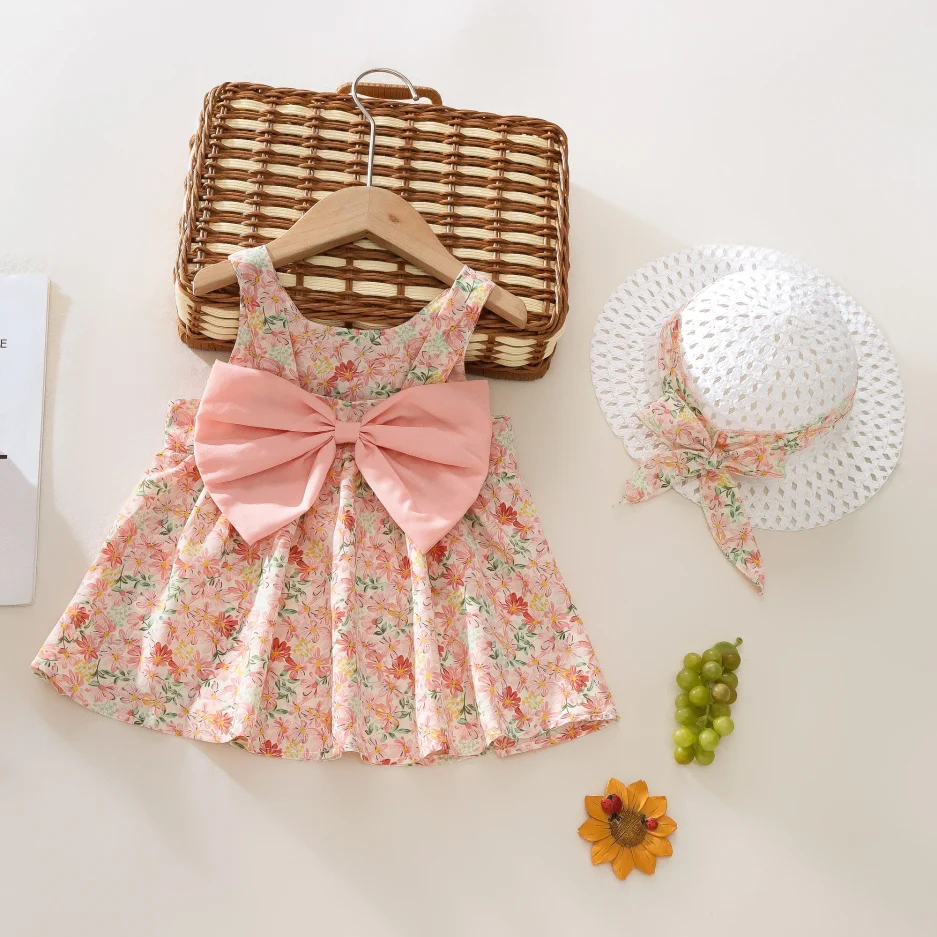 Summer 2-Piece Baby Dress+Sun Hat Bow Strap Floral Baby Girl Dress Soft And Comfortable Children'S Clothing - Image 3