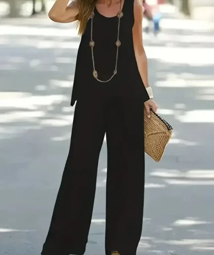 Plus Size 1XL-5XL Women's Casual Outfits Two Piece Set Solid Round Neck Tank Top Wide Leg Pants Outfits 2 Piece Set