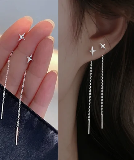 JWER S925 Silver Needle Star Line Earring for Women Tassel Drop Earring Long Chain Beads Piercing Earring Asymmetry Ear Jewelry