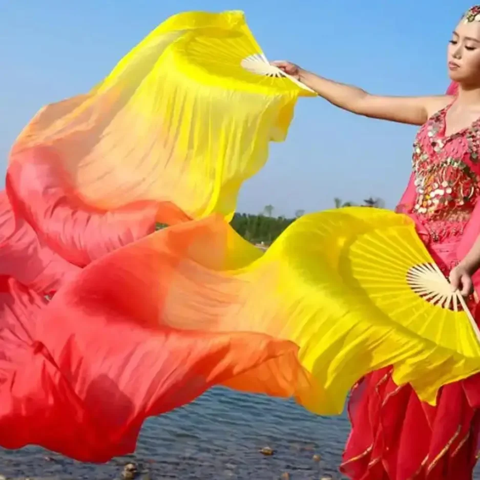 150cm Ms.Belly Dancing Fan Gradient Color Dancer Practice Long Imitation Dance Props Imitation Silk Fans Belly Dance Fans