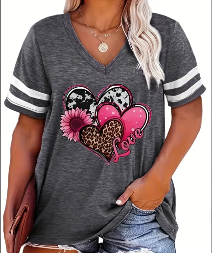 2024 Plus Size Spring/Summer New Love Print Casual Fashion Women's V-Neck Short-Sleeved Loose T-Shirt 5XL 6XL