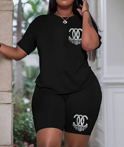 L-5XL Plus Size Women 2 Piece Set Sequins T-shirt and Shorts Elastic Loose Spring Summer Loungewear Oversize Two Piece Outfits