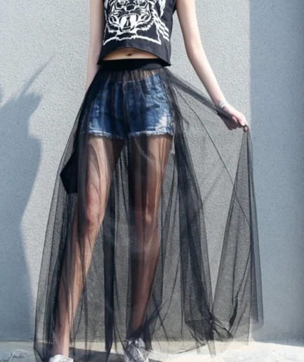 2024 Summer Long Lace Skirt Women Black White Mesh Voile Casual Skirts Low Waist Bohemian Sexy Transparent Maxi Wear